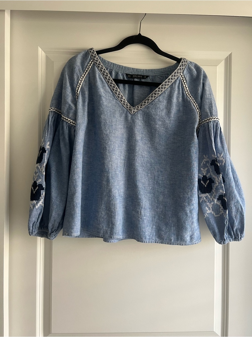 Zara Light Blue Embroidered V-Neck Peasant Top